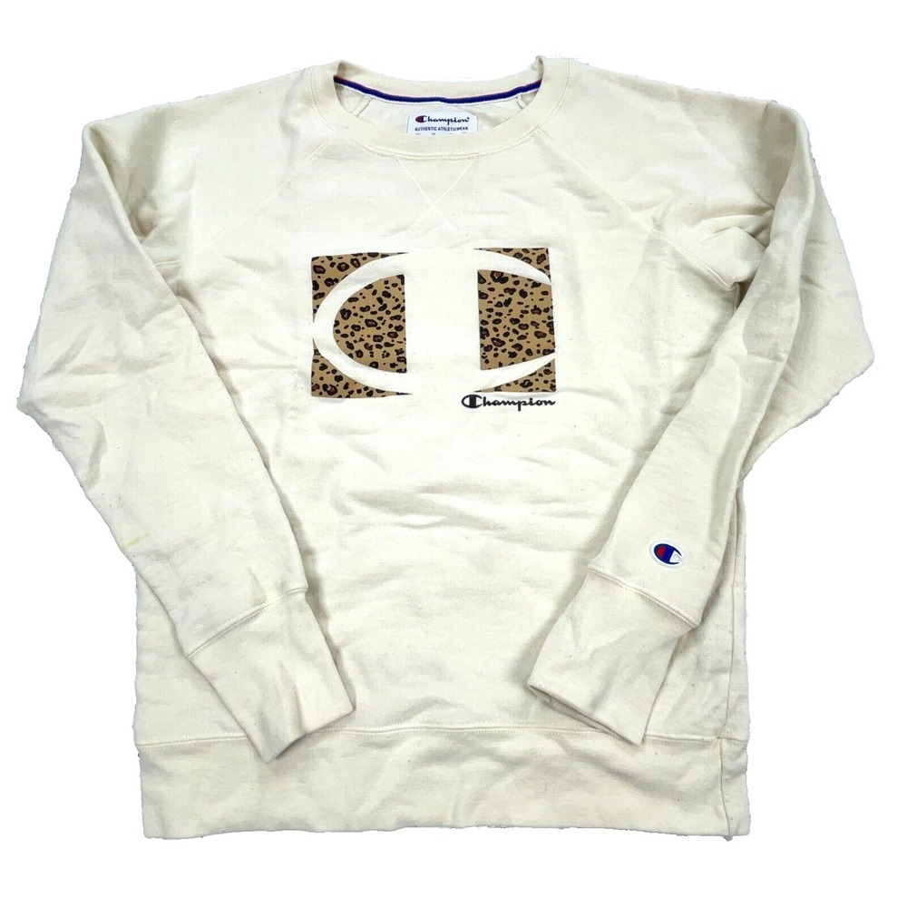 Champion Sweatshirt Women Small Off White Crew Neck‎ Sweater Spell Out Cheetah *